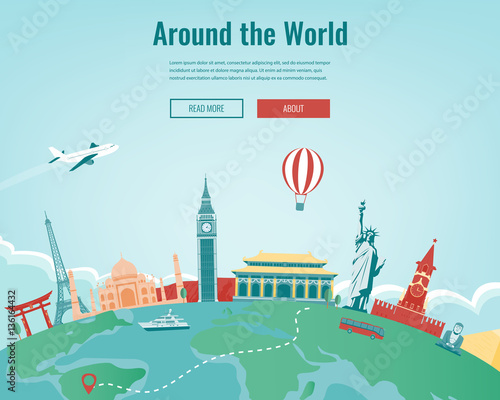 Travel composition with famous world landmarks. Travel and Tourism. Concept website template. Vector.