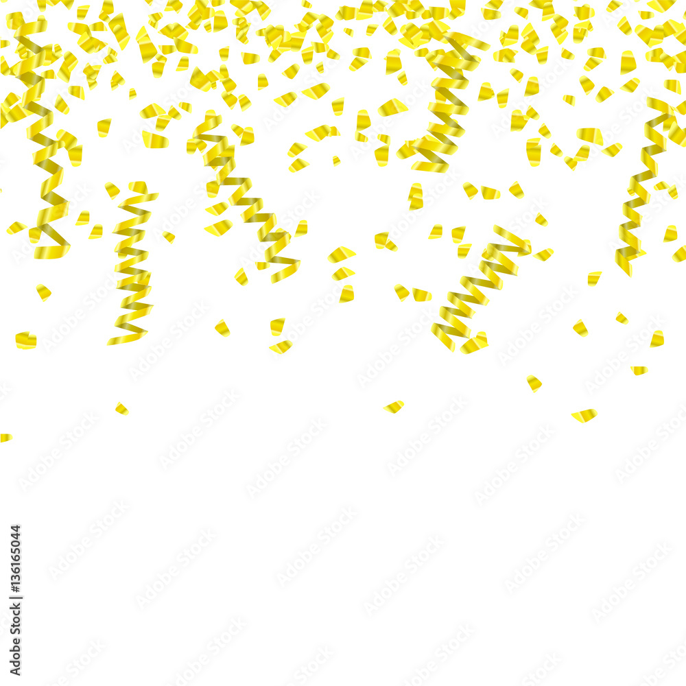 Golden Confetti. Vector Festive Illustration of Falling Shiny Confetti Glitters Isolated on white Background. Holiday Decorative Element for Design. Mardi Gras carnaval style.