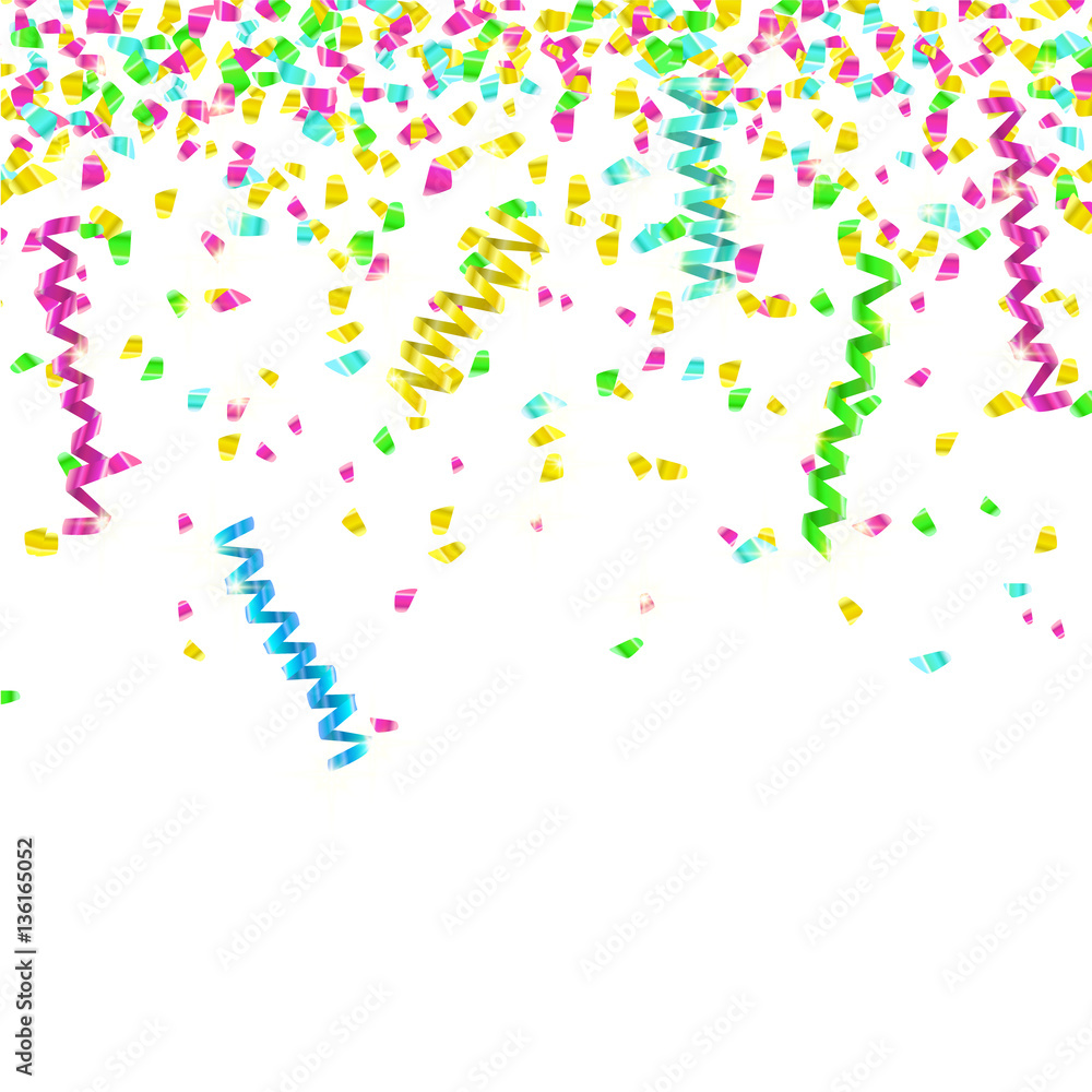 Golden blue green and purple Confetti. Vector Festive Illustration of Falling Shiny Confetti Glitters Isolated on white Background. Holiday Decorative Element for Design. Mardi Gras carnaval style.