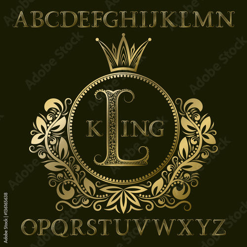 Golden patterned letters and initial monogram in coat of arms form with crown. Royal font and elements kit for logo design.