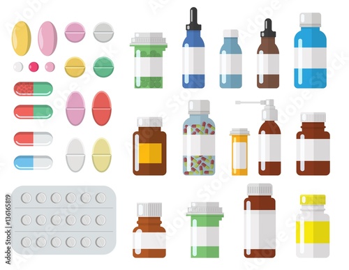 Set of different sized medical containers, bottles, phials, and different pills