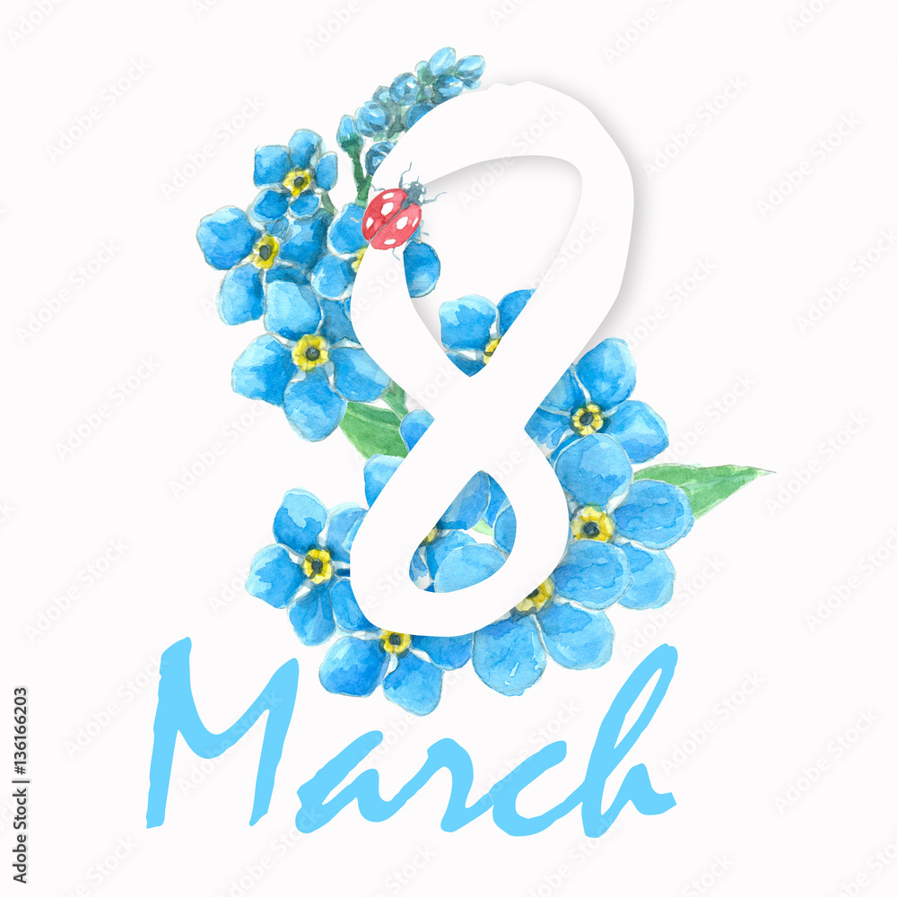 Obraz 8 March international women's day greeting card. Watercolor illustration with forget me not flowers.
