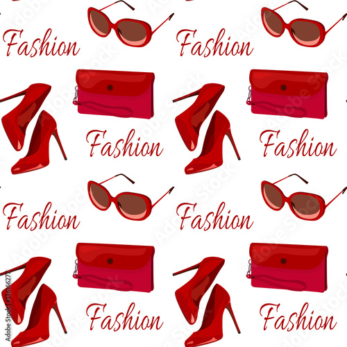 Seamless pattern with red women's shoes, clutch bag, sunglasses and fashion inscription