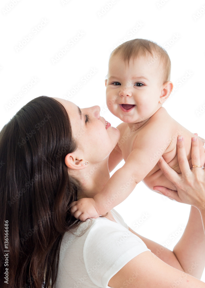 Portrait of mother and baby laughing and playing Portrait of mother and baby laughing and playing