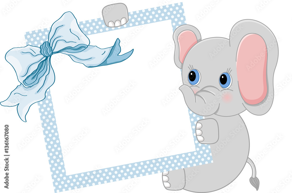 Fototapeta premium Baby elephant holding blue frame and ribbon