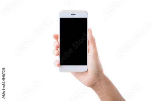closeup hand holding phone isolated