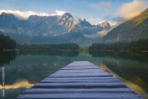 panorama of mountain lake in the morning in the Julian Alps
