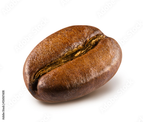 Shiny fresh roasted coffee bean isolated on white background.