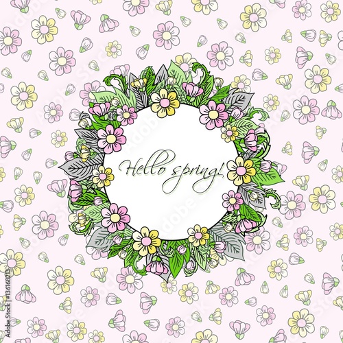 Hello spring greeting card. Hand drawn illustration. 