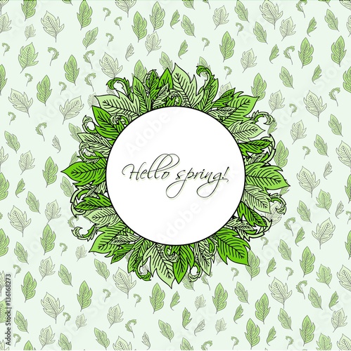 Hello spring greeting card. Hand drawn illustration. 