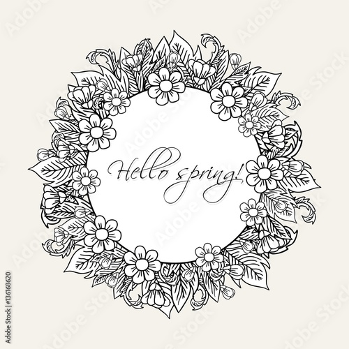 Hello spring greeting card. Hand drawn illustration. 