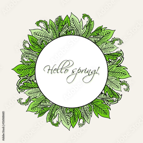 Hello spring greeting card. Hand drawn illustration. 