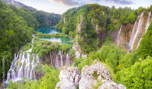 Waterfalls in National Park Plitvice Lakes,sunrise over waterfal photo