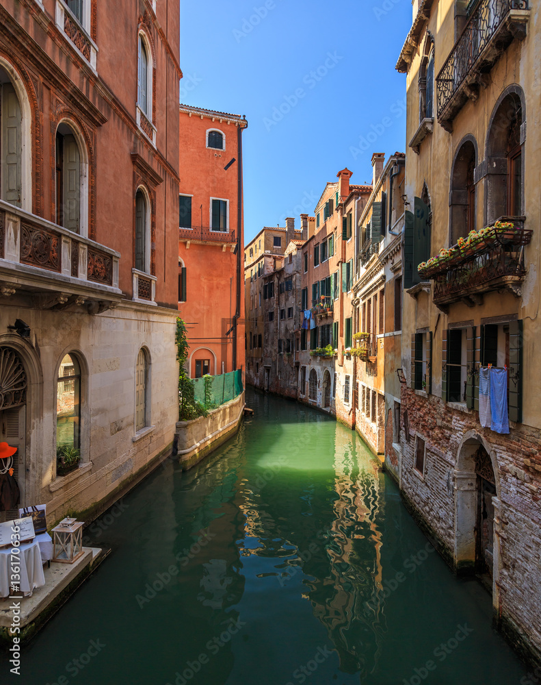 Scenic view of colorful Venetian architecture and canal in Venice, Italy