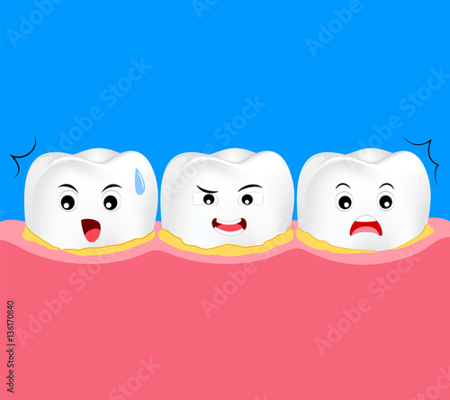 Tooth character periodontal disease with plaque or tartar. Dental care concept. cute cartoon, illustration.