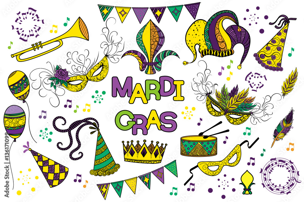 Mardi Gras or Shrove Tuesday colorful design element set. Mardi Gras carnival mask and hats, jester s hat, crowns, fleur de lis, feathers, party decorations. Vector illustration, clip art collection