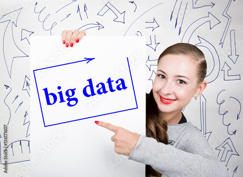 Young woman holding whiteboard with writing word: big data. Technology, internet, business and marketing.