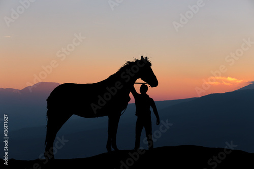 silhouette of a boy petting a horse on the background of a beautiful sunset