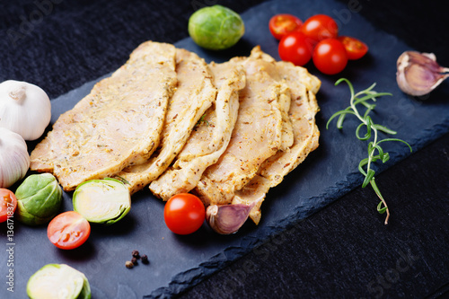 Raw marinated pork meat and vegetables 