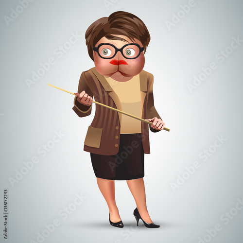 Old female teacher holding a pointer with head looking like ass