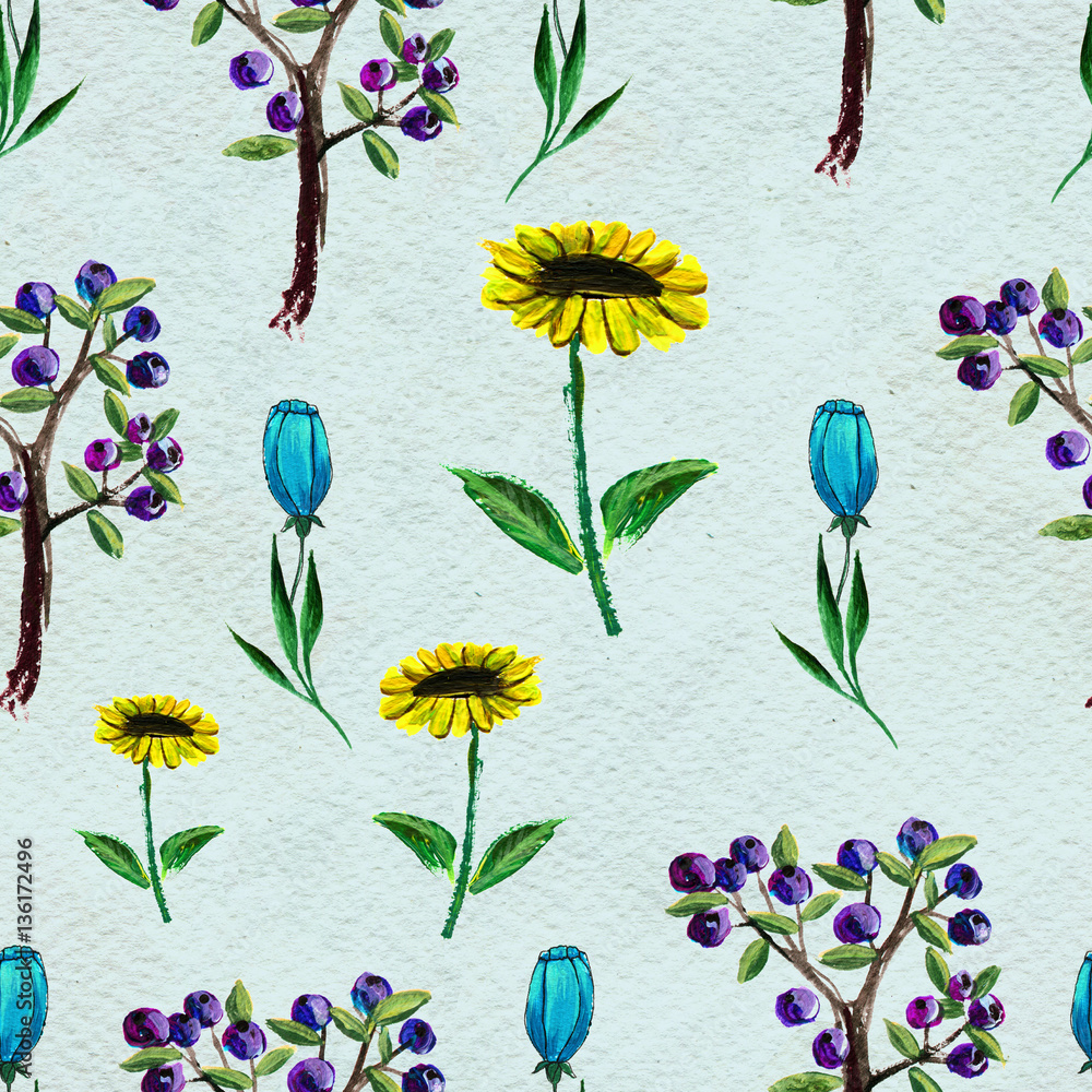 Seamless pattern with flowers and berries