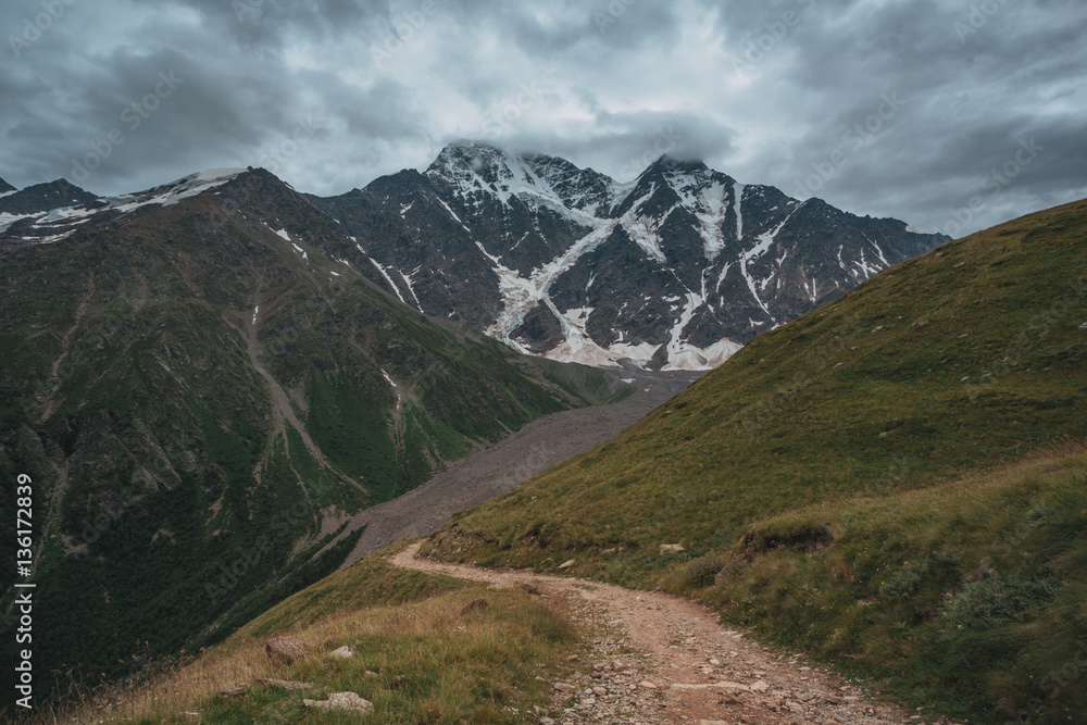 Fototapeta premium Mountain river Baksan, ravine Adyr-Su, Elbrus area, Greater Caucasus Range.
