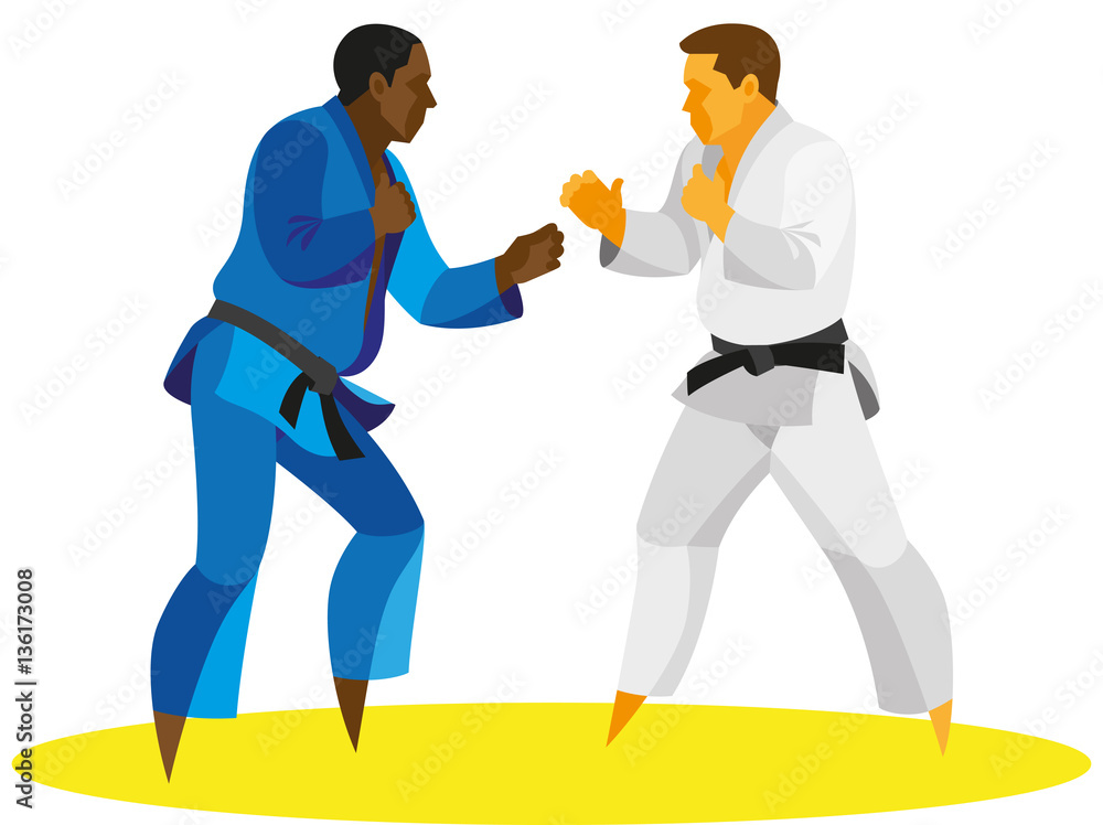 two fighters judo stand at the start of the match two fighters judo stand at the start of the match