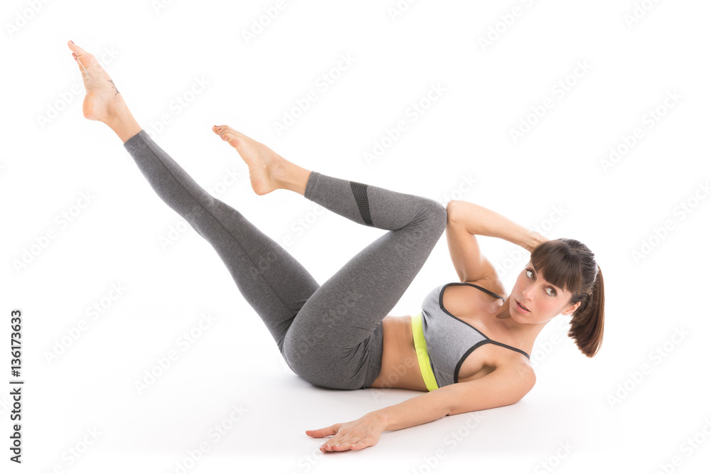 Portrait of attractive woman doing yoga, pilates. Healthy lifestyle and sports concept. Series of exercise poses. Isolated on white. Portrait of attractive woman doing yoga, pilates. Healthy lifestyle and sports concept. Series of exercise poses. Isolated on white.