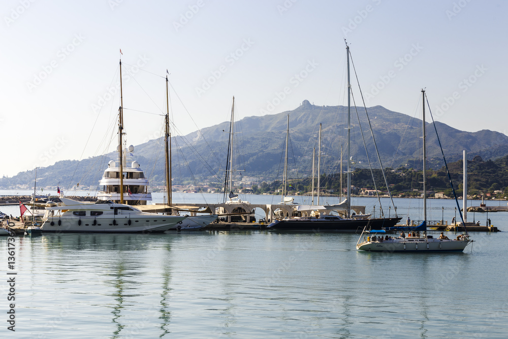 luxury yachts parked at the shore of the island of Zakynthos, Greece