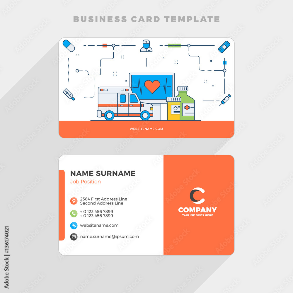 Creative Business Card Template with Flat Line Illustration. Healthcare. Vector Illustration. Stationery Design