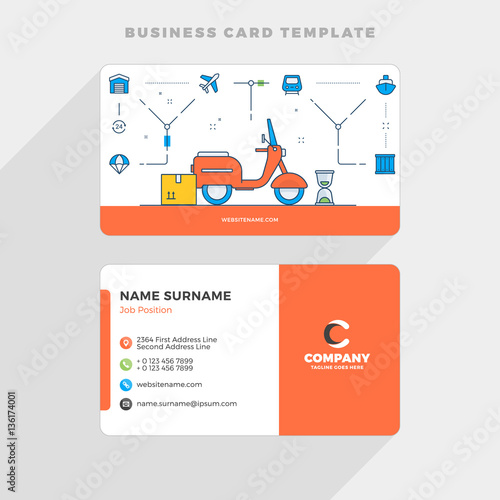 Creative Business Card Template with Flat Line Illustration. Delivery. Vector Illustration. Stationery Design