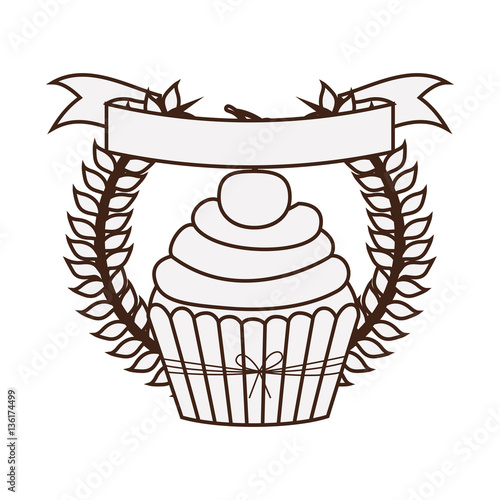 silhouette crown of leaves with cupcake with cream and cherry vector illustration