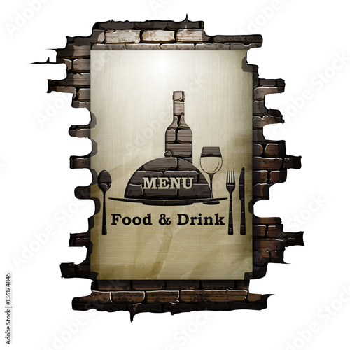 Template restaurant menu covers, wall paper and stencil, food and drink in the doorway of an old brick wall. The isolated image on a white background can be used with any text or background.