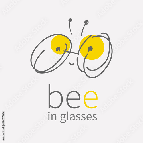 round eye glasses Logo.Linear hand draw cartoon smiling cute little bee.Kawai bug icon.Flat sign.Business internet concept.Trendy optic symbol design.vector illustration isolated on white background