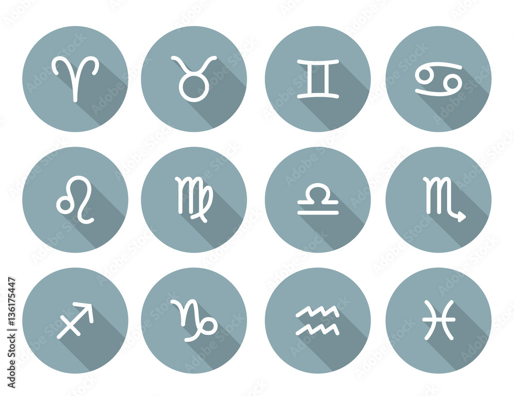Set of zodiac symbols, round gray blue icons with shadow on the white background Set of zodiac symbols, round gray blue icons with shadow on the white background