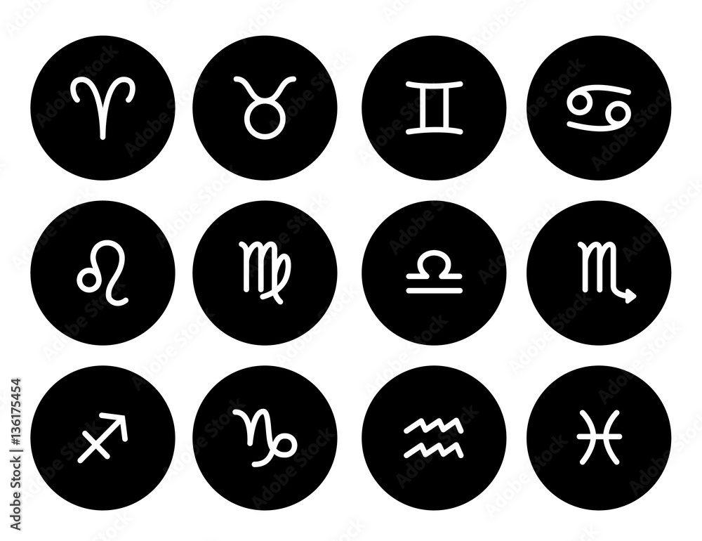Set of zodiac symbols, round black icons on the white background Set of zodiac symbols, round black icons on the white background