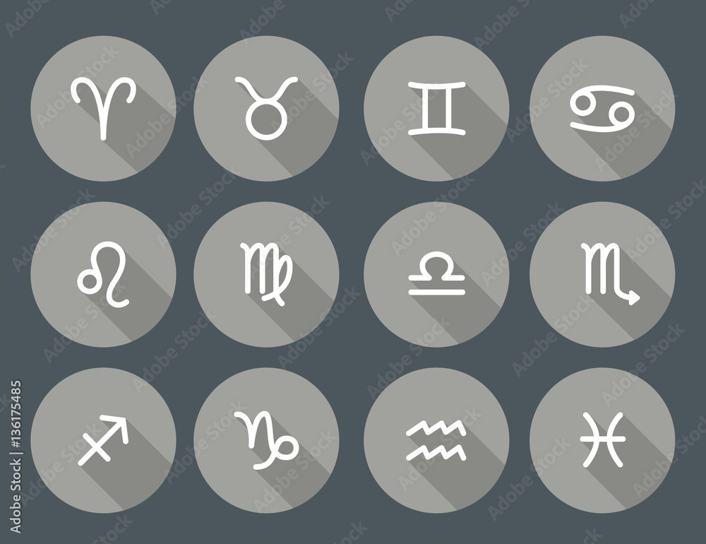 Set of zodiac symbols, round gray icons with shadow on the dark gray background Set of zodiac symbols, round gray icons with shadow on the dark gray background