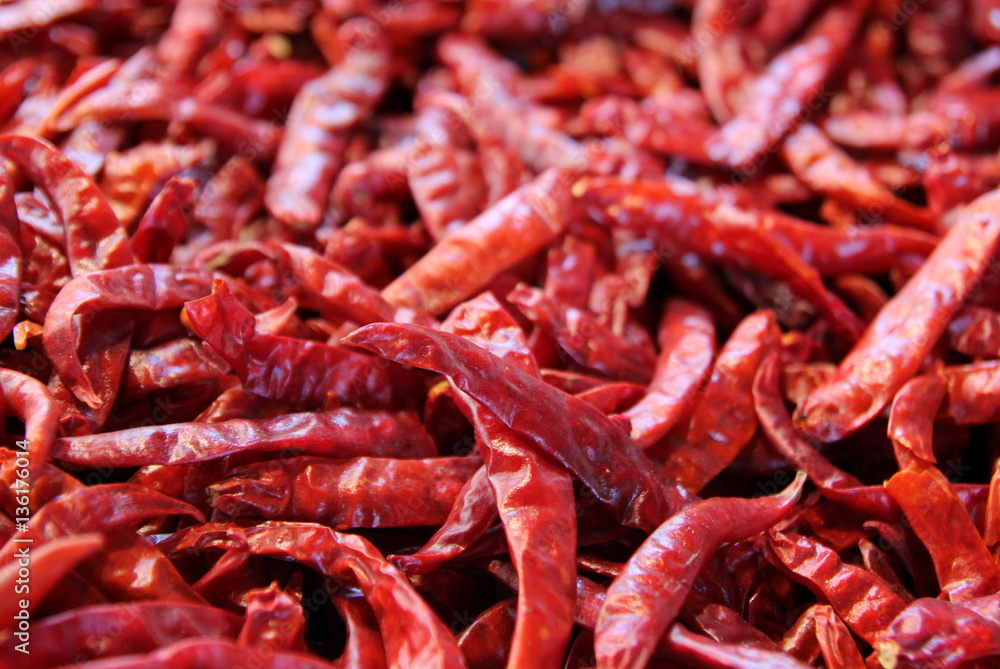 Travel to Bangkok, Thailand. The red chili peppers on the market.