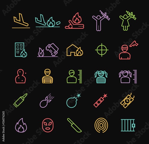 Set of Quality Universal Standard Minimal Simple Terrorism Color Thin Line Icons on Black Background