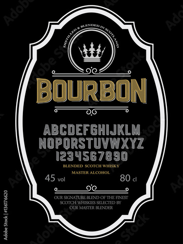 Typeface. Label. Bourbon typeface, labels and different type designs