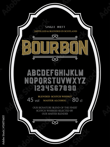 Typeface. Label. Bourbon typeface, labels and different type designs