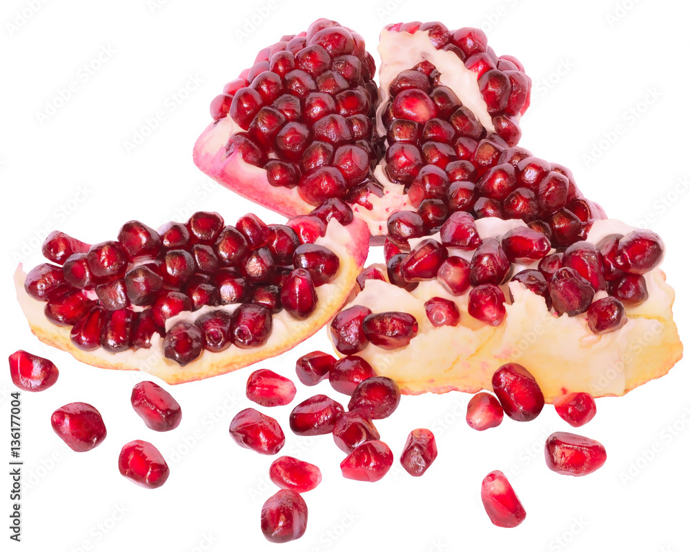 slice the pomegranate with scattered grain isolated slice the pomegranate with scattered grain isolated