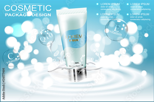 facial cleanser ad, contained in white tube, watery background