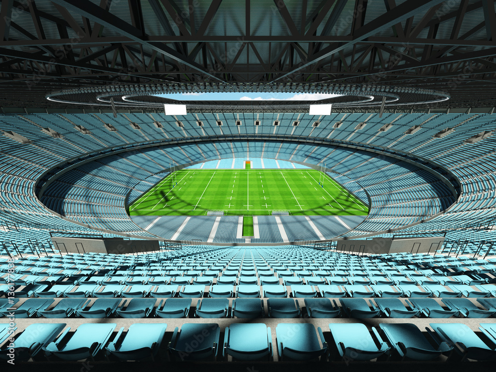 Fototapeta premium 3D render of a round rugby stadium with sky blue seats and VIP boxes