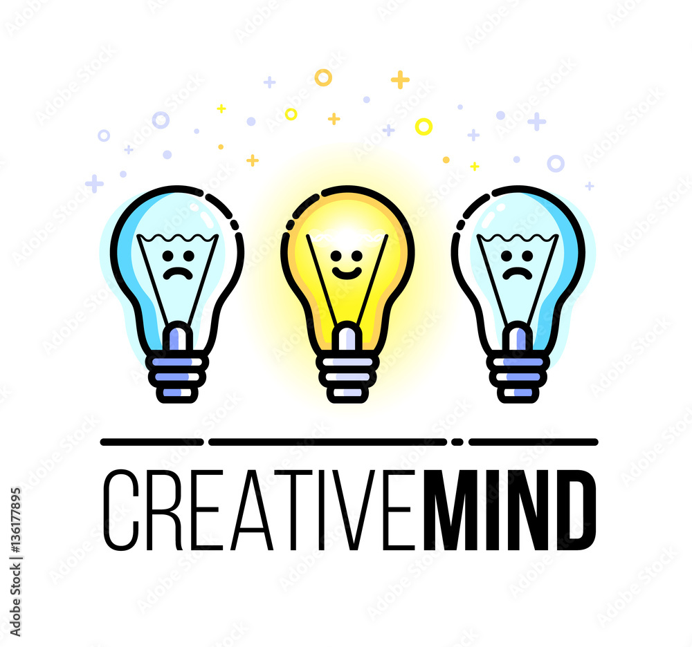 Light bulb characters. Happy and sad. Symbol of new idea. Vector motivation greeting card. Flat line style. Modern design. Light bulb characters. Happy and sad. Symbol of new idea. Vector motivation greeting card. Flat line style. Modern design.