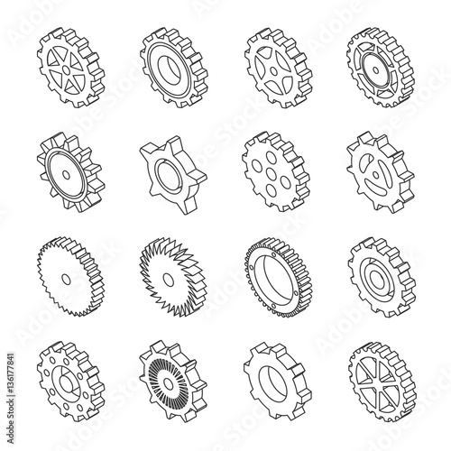 Set of outline icons of mechanical gears.