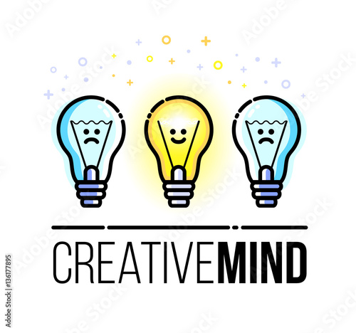 Light bulb characters. Happy and sad. Symbol of new idea. Vector motivation greeting card. Flat line style. Modern design.