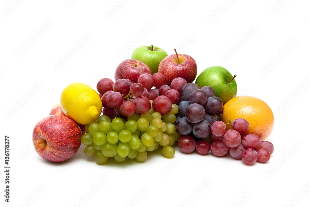 grapes and other fruits isolated on white background