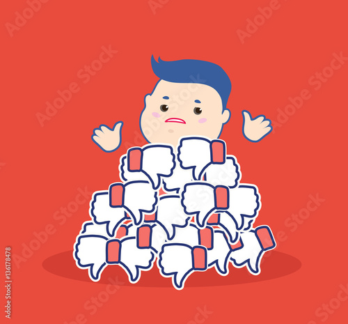 Dislike it concept.Thumbs down symbols.Unhappy cartoon man brush aside the hill red buttons hand dislike.Flat design for social networking,blogging.Disapproval,customers feedback. vector illustration