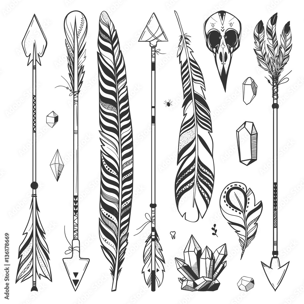 Boho set with arrows, feathers and crystals isolated on white. Vector ...